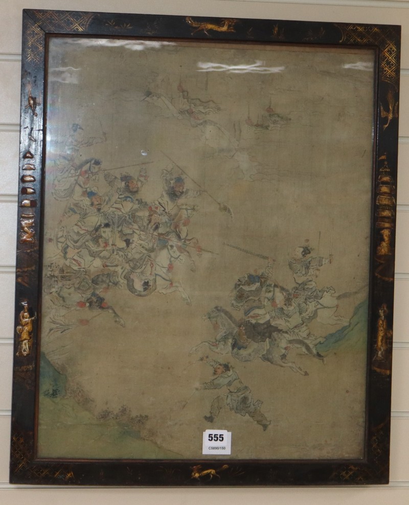 19th century Chinese School, ink and watercolour, Battle scene, 58 x 46cm